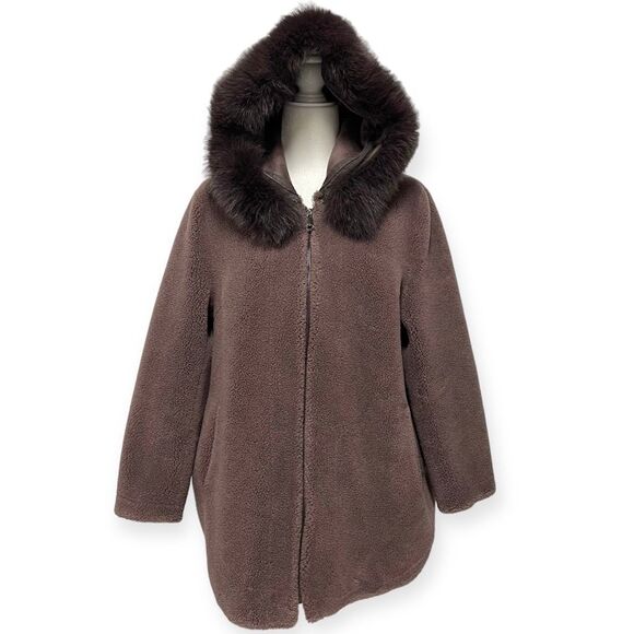 No Brand Jackets & Blazers - Wool Shearling Hooded Coat (Brown) - fits like a small!